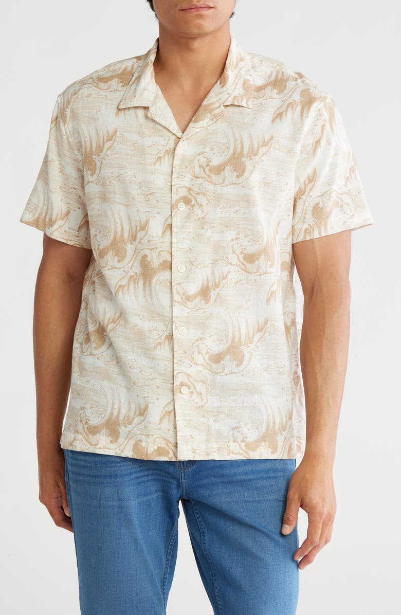 14th & Union Linen & Cotton Camp Shirt, Main, color, Ivory Illustrated Waves