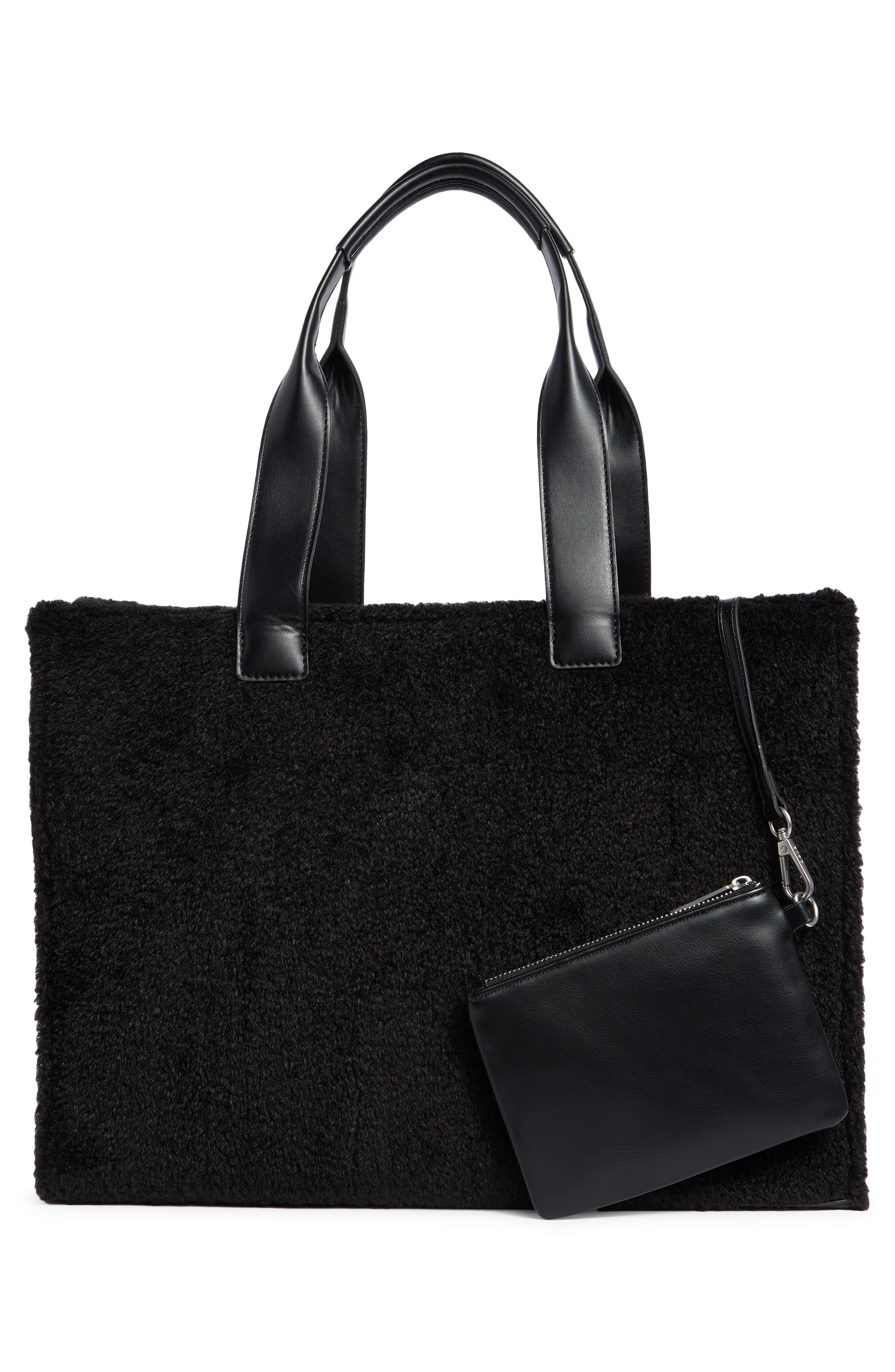 BCBG Whipstitch Faux Shearling Tote Bag with Pouch, Alternate, color, Black