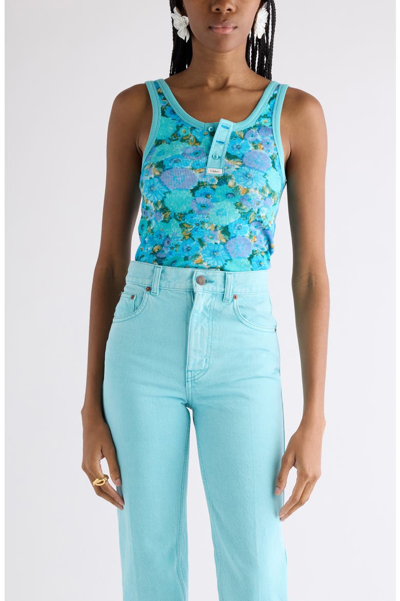 Daisy Print Rib Jersey Tank, Main, color, MULTICOLOR BLUE