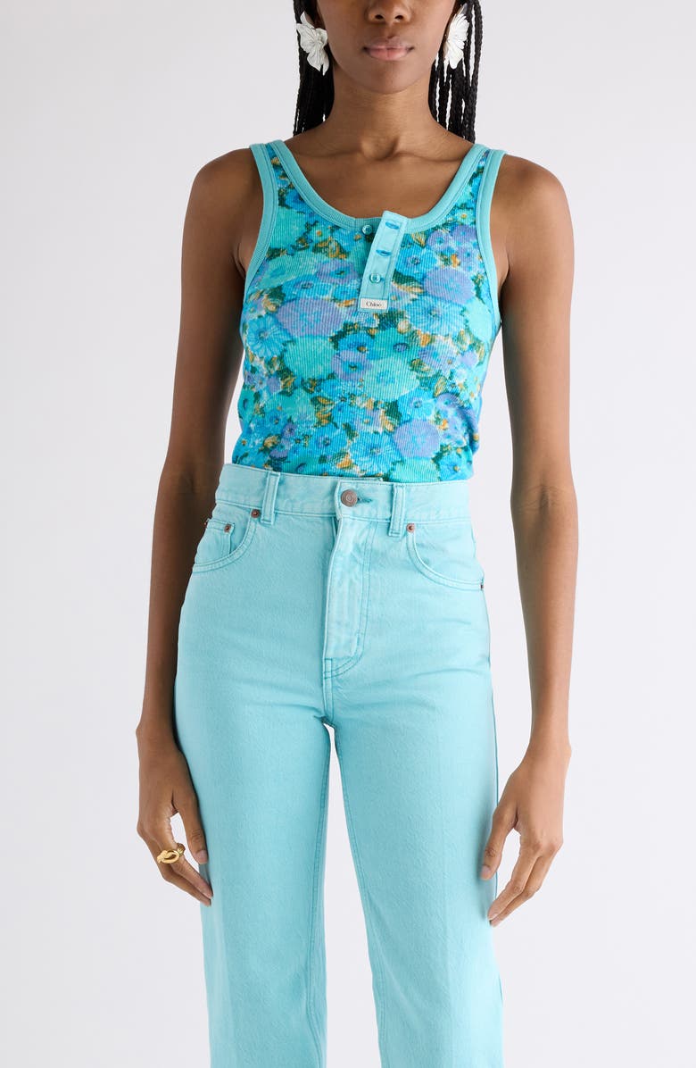 Chloé Daisy Print Rib Jersey Tank, Main, color, Multicolor Blue
