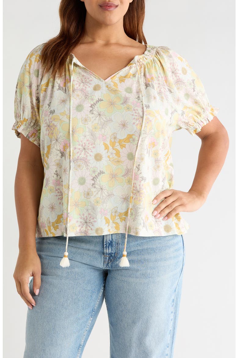 Floral Gathered Split Neck Top, Main, color, PRISTINE MULTI