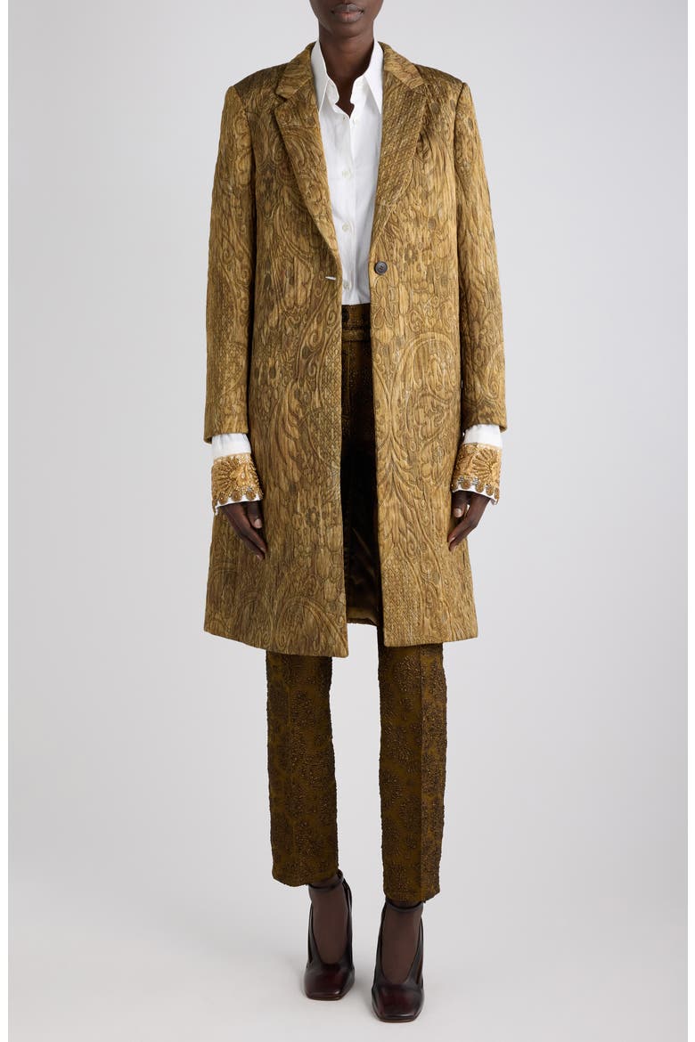 Richy Art Deco Embroidered Jacquard Coat, Alternate, color, KHAKI