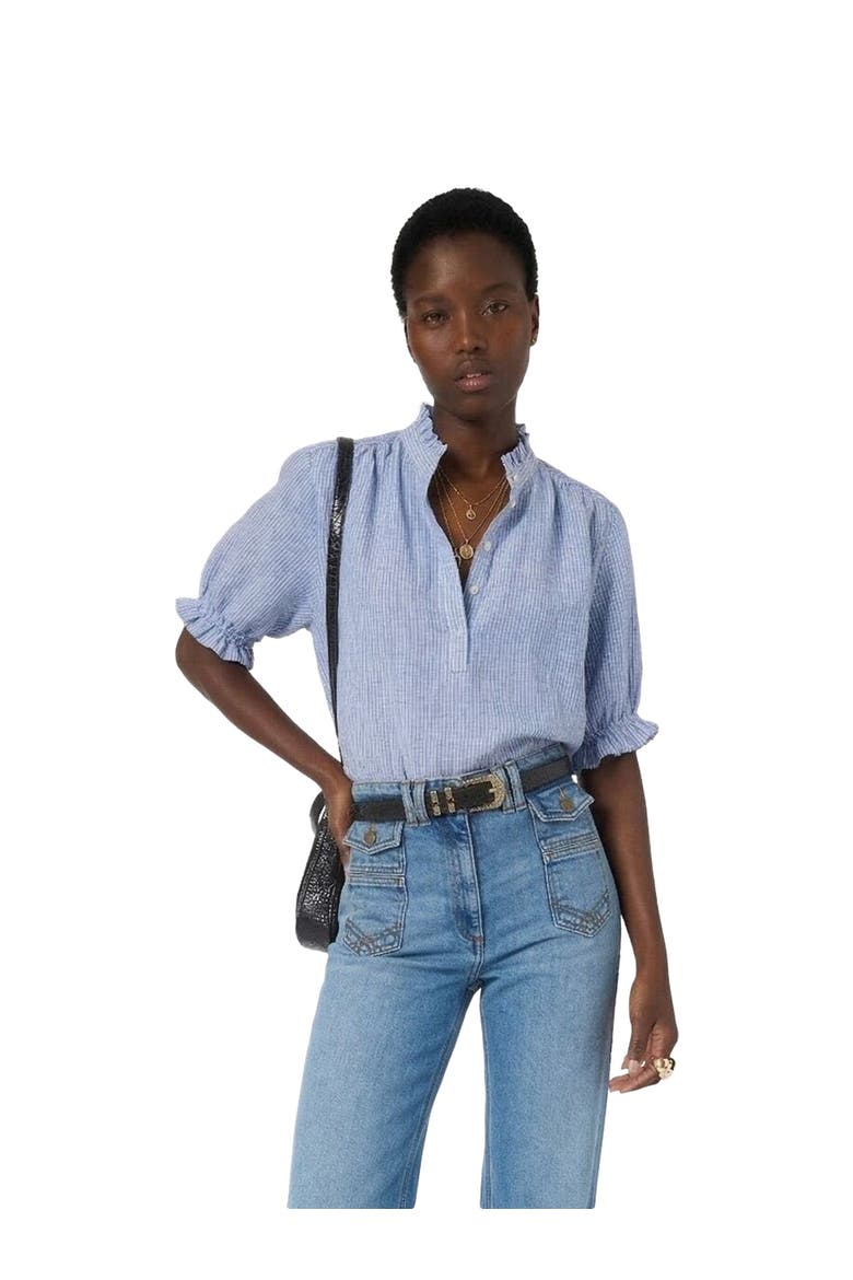 Cezia Ruffled Sleeved Linen Blouse, Main, color, Cloud