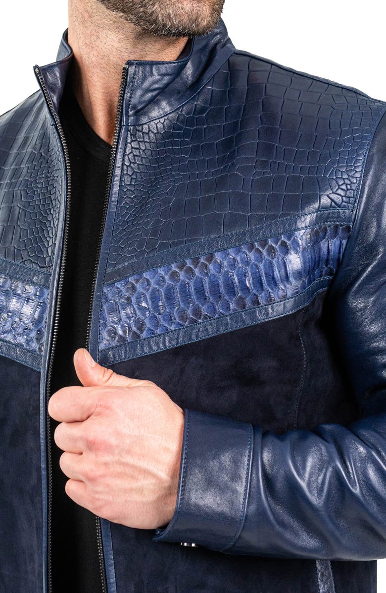 Maceoo Pythonshield Blue Snakeskin Embossed Leather Jacket, Alternate, color, Blue