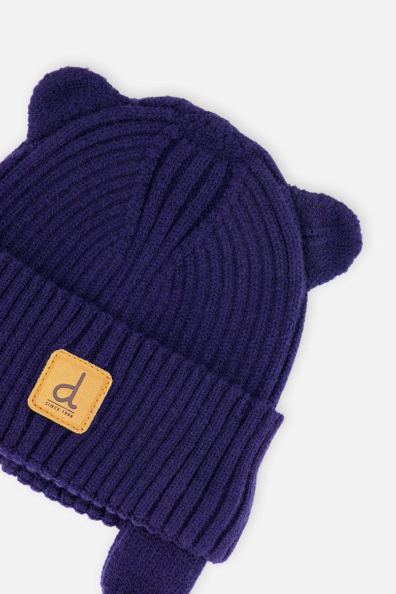 Knit Bear Ears Tie with Strings Hat, Alternate, color, Navy Blue