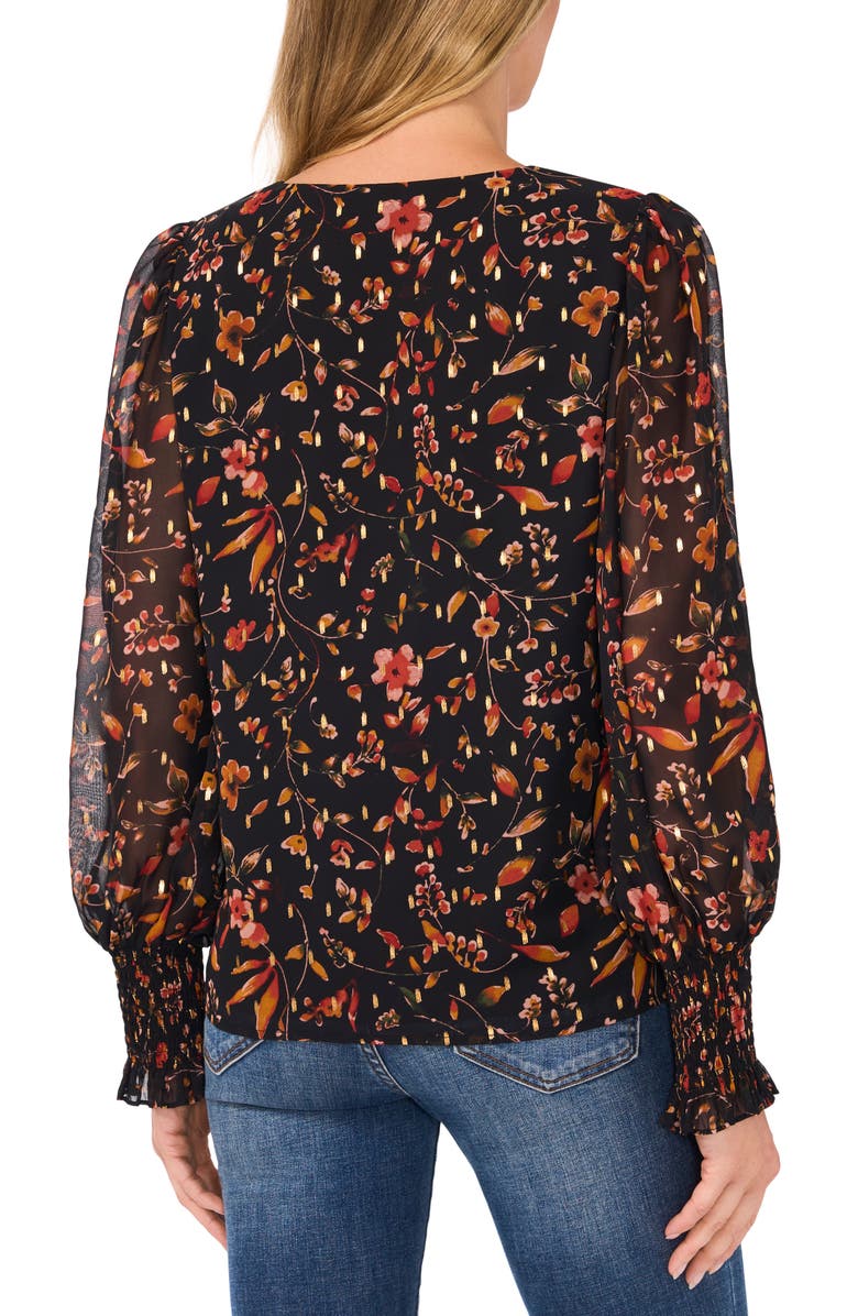 CeCe Printed Smocked Cuff V-Neck Top, Alternate, color, 