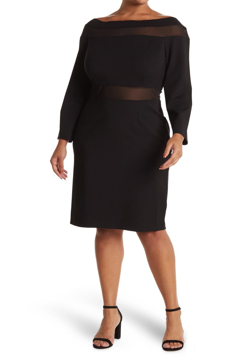 Luna Mesh Panel Off-the-Shoulder Midi Dress, Main, color, BLACK