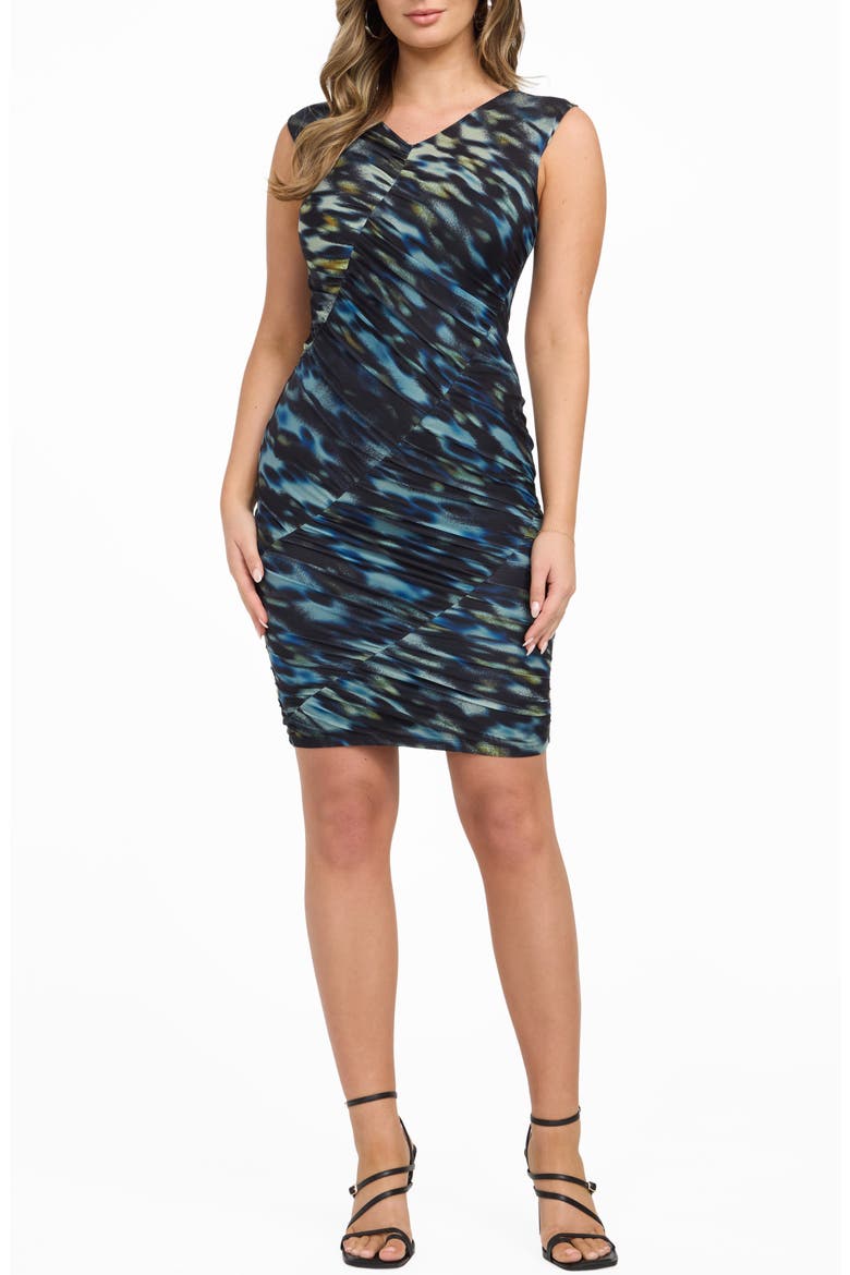 Everly Sleeveless Ruched Mesh Body-Con Minidress, Main, color, BLUE MULTI