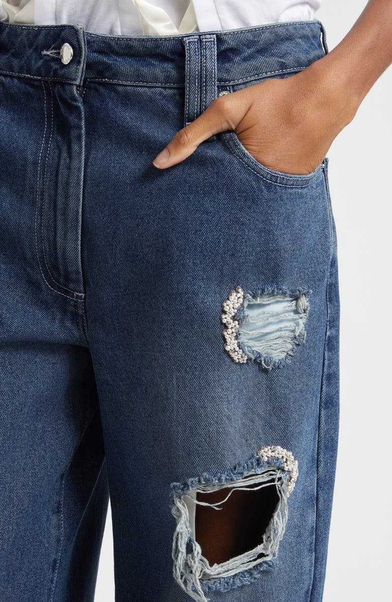 Simone Rocha Embellished Distressed Straight Leg Jeans, Alternate, color, Distressed Blue/ Pearl/ Clear