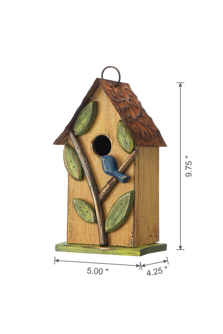 10"H Multicolor Cute Distressed Solid Wood Birdhouse with 3D Flowers, Alternate, color, Yellow