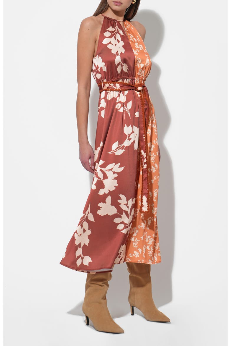 Sandi Two-Tone Mixed Floral Print Satin Dress, Alternate, color, MARIGOLD/ BROWN