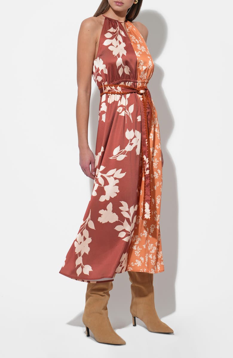 Adelyn Rae Sandi Two-Tone Mixed Floral Print Satin Dress, Alternate, color, Marigold/ Brown