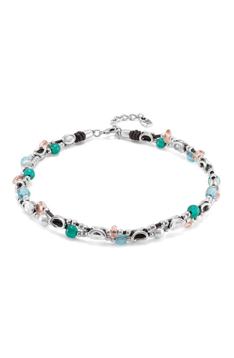 UNODE50 Short double leather strap necklace with sterling silver-plated links, Main, color, Silver