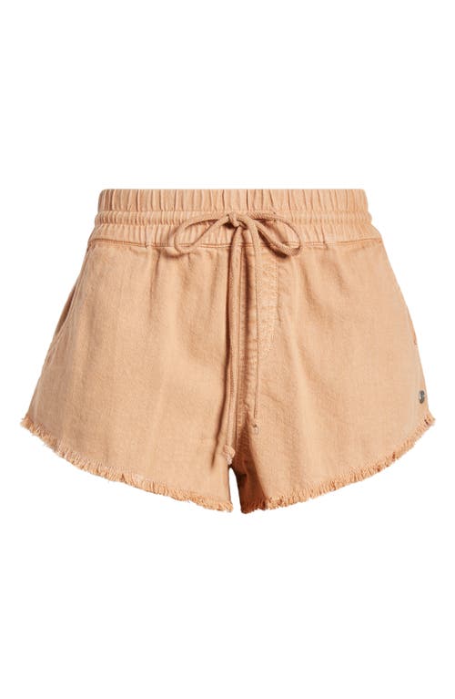 Roxy Scenic Drawstring Waist Fray Hem Cotton Twill Shorts In Camel