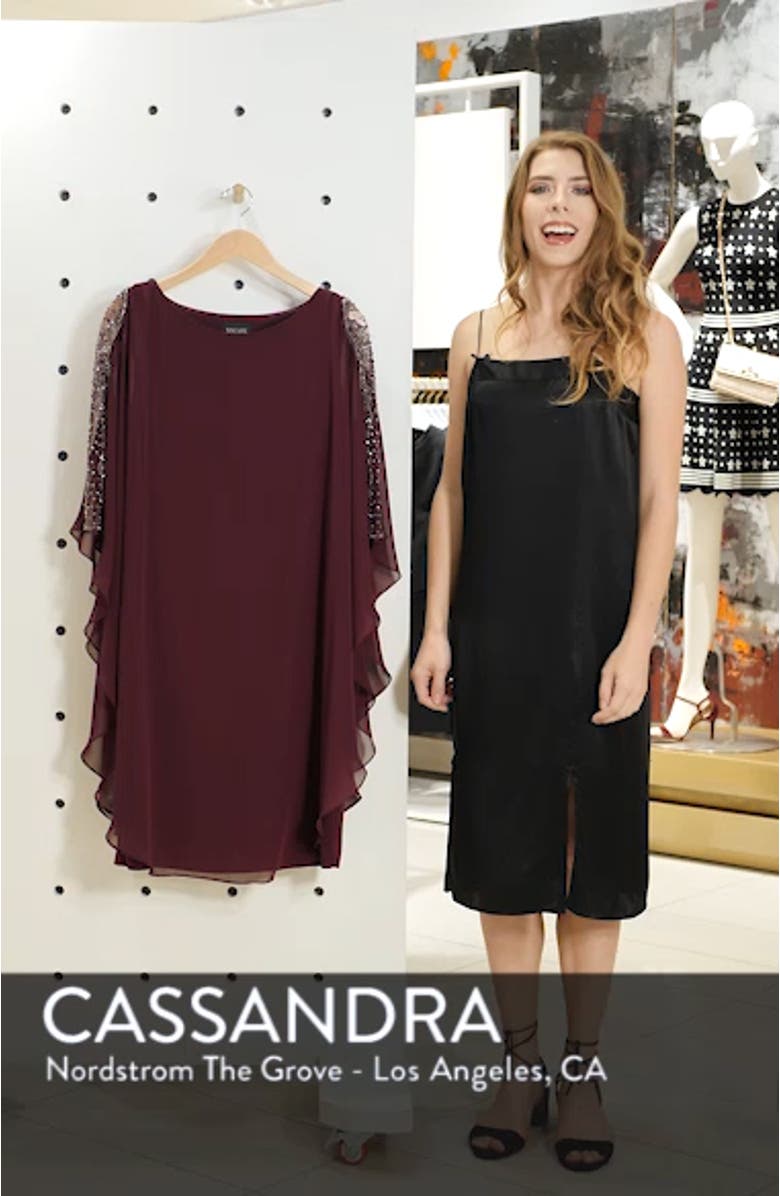 Xscape Chiffon Overlay Beaded Sleeve Cocktail Dress, sales video thumbnail