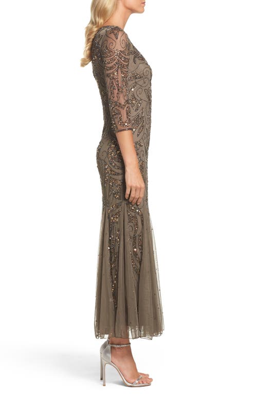 Pisarro Nights Illusion Sleeve Beaded A-line Gown In Brown