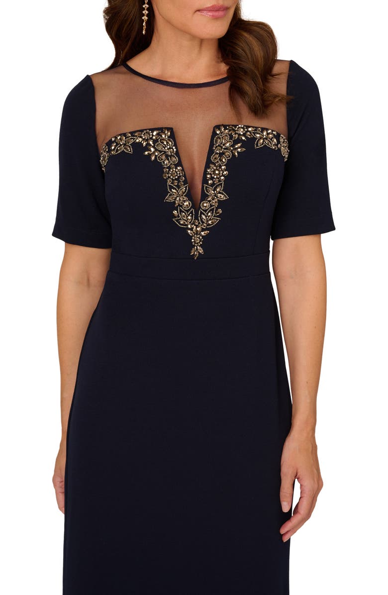 Adrianna Papell Illusion Neck Stretch Crepe Column Gown, Alternate, color, 