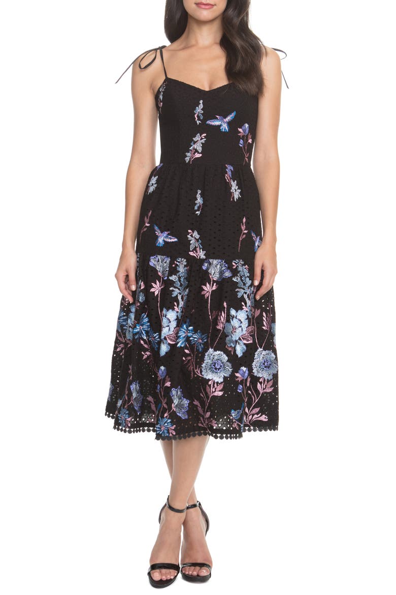 Abbie Floral Embroidered Eyelet Sundress, Main, color, BLACK/ PINK FLORAL