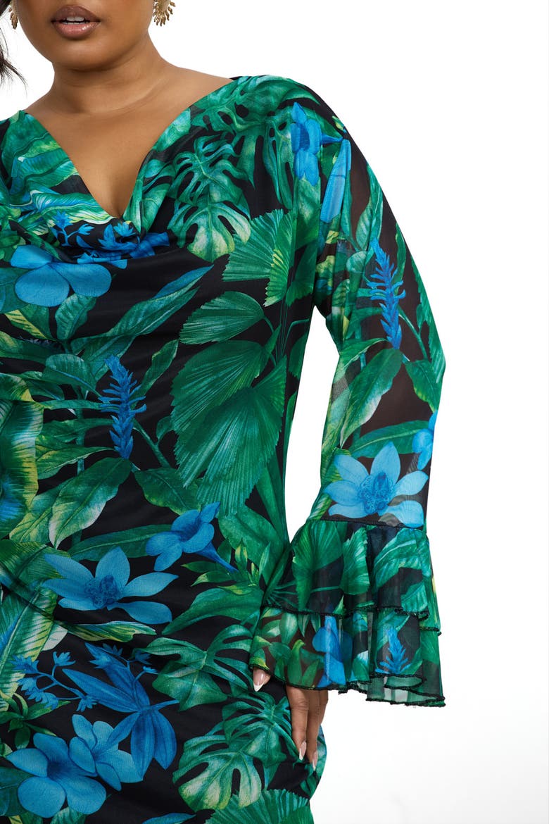 Ruffle Cowl Neck Palm Print Maxi Dress, Alternate, color, Green