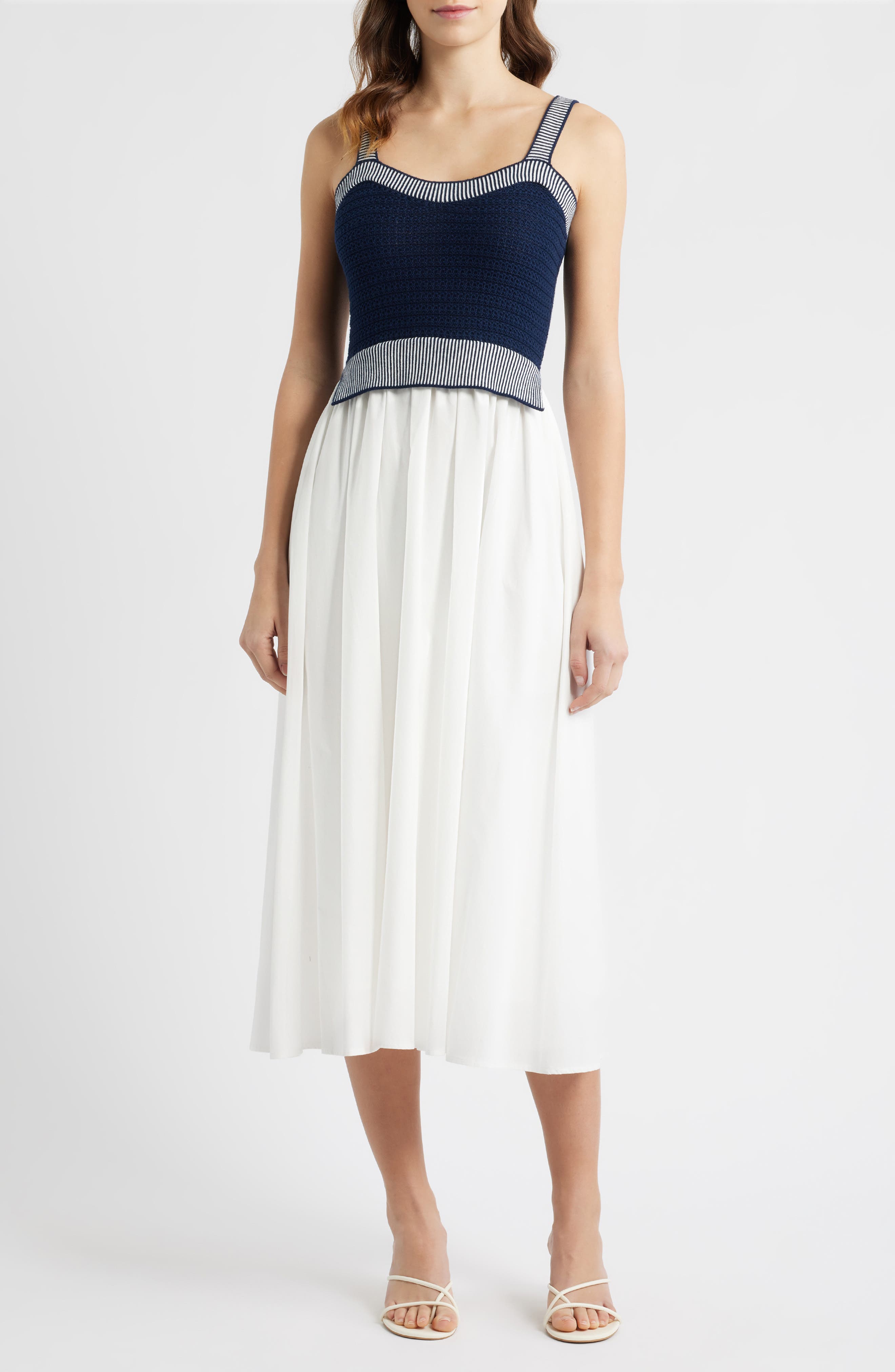 Moon River Crochet Top Mixed Media Midi Dress In Multi