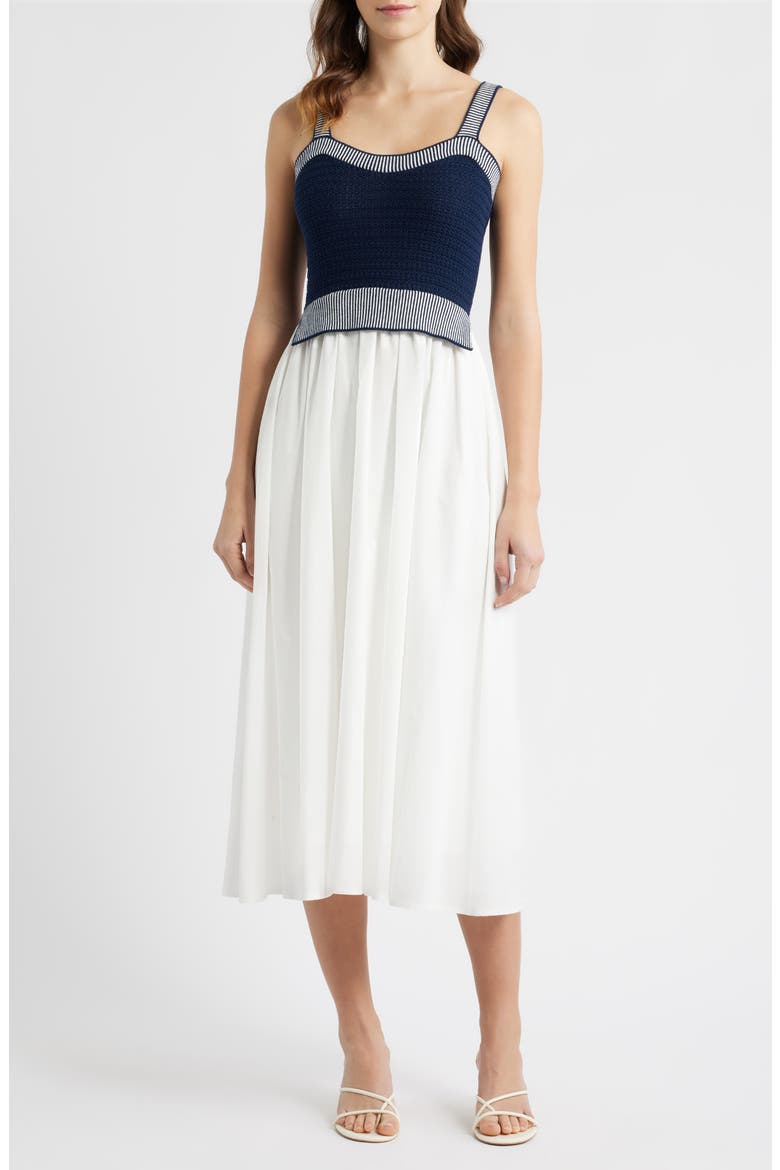 Crochet Top Mixed Media Midi Dress, Main, color, NAVY/ OFF WHITE