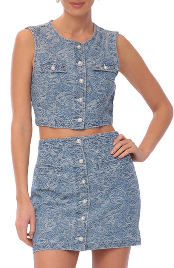Avec Les Filles Paisley Jacquard Denim Vest In Denim Jacquard