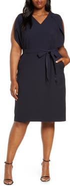 Eliza J Flutter Sleeve Belted Crepe Sheath Dress