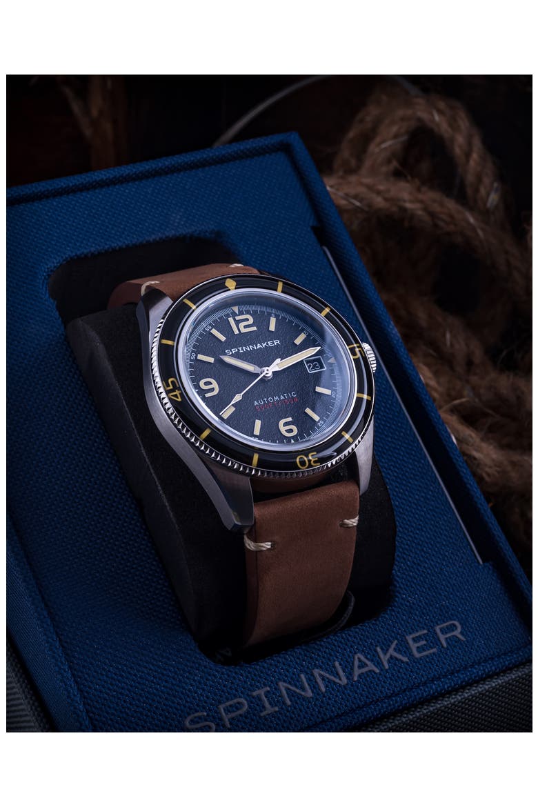 Fleuss Automatic Leather Strap Watch, 43mm, Alternate, color, BLACK