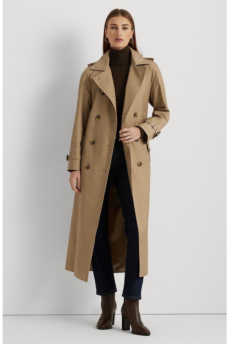 Belted Cotton Blend Gabardine Trench Coat, Alternate, color, SAND