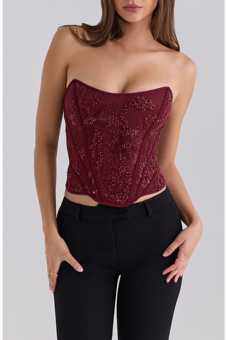 Calliope Embellished Lace Corset Top, Main, color, CABERNET