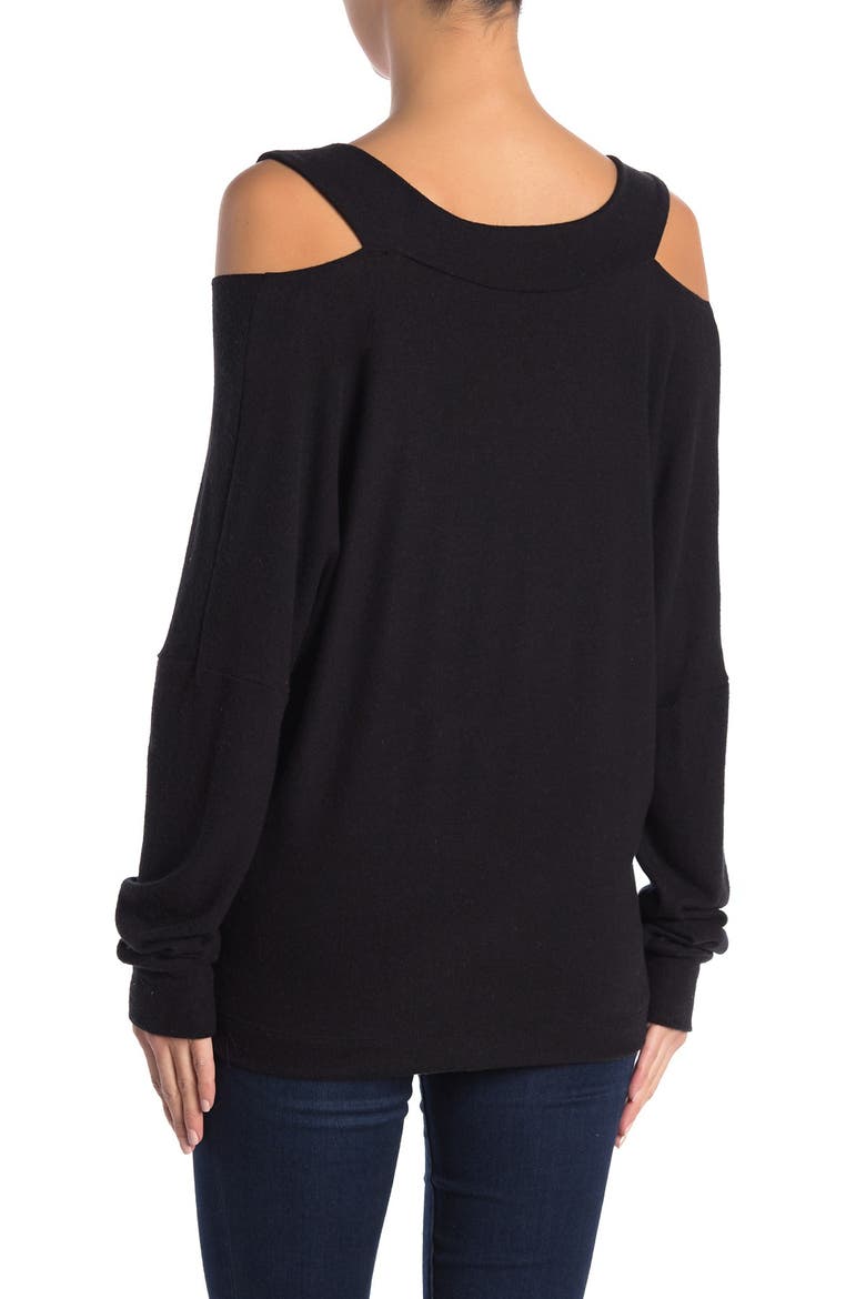 V-Neck Cold Shoulder Hacci Sweater, Alternate, color, BLACK