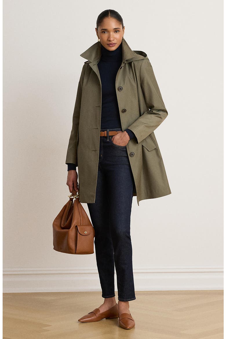 Balmacaan Hooded Raincoat, Alternate, color, OLIVE FERN