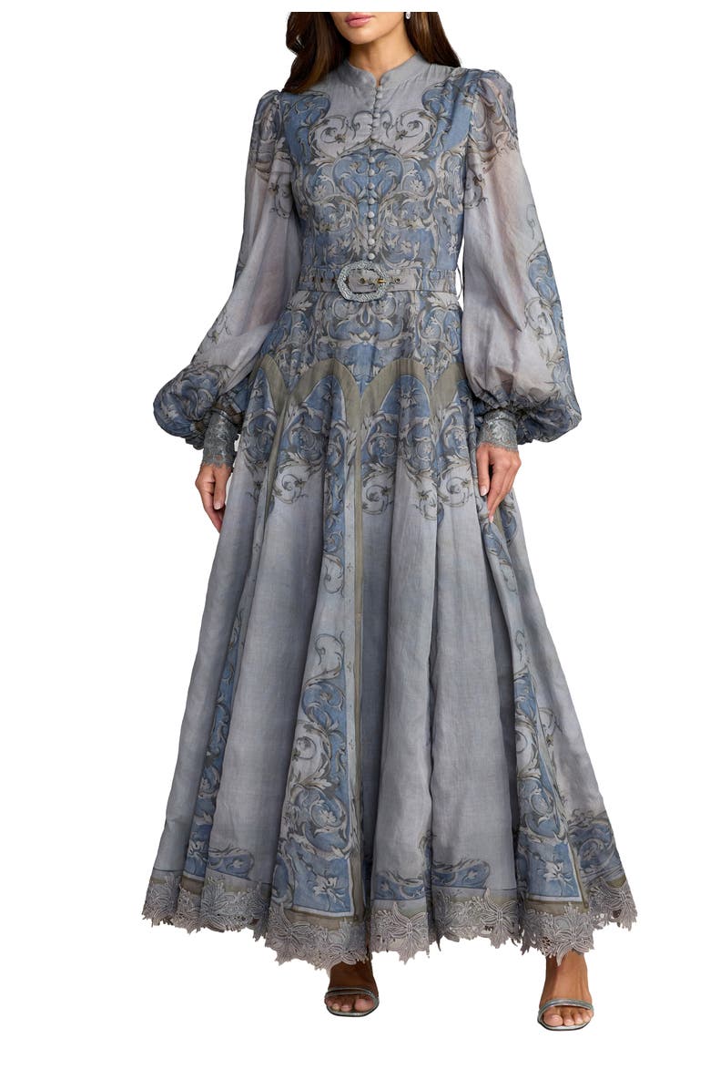 Mac Duggal Bishop Sleeve Printed Cotton A-Line Dress, Main, color, Slate Blue