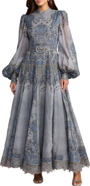 Mac Duggal Bishop Sleeve Printed Cotton A-Line Dress