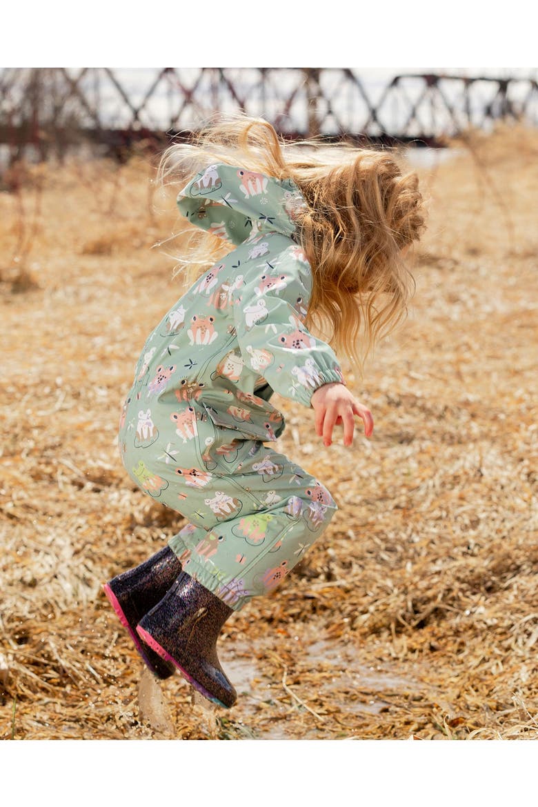 Girl Rain One-Piece Animal in Polyurethane, Alternate, color, Green with Frog Print
