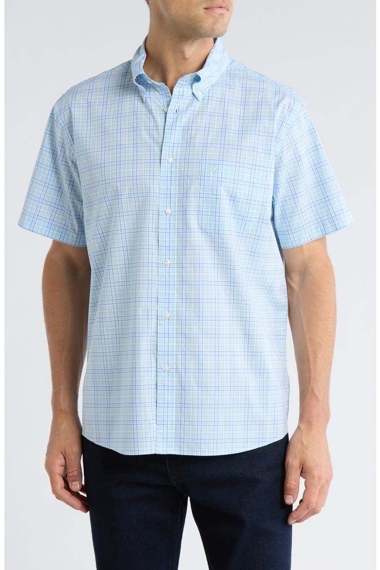 Regular Fit Plaid Short Sleeve Cotton Button-Down Shirt, Main, color, AQUA