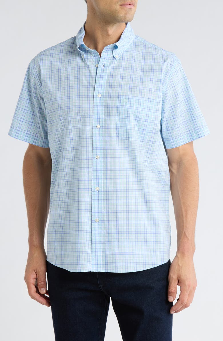 Brooks Brothers Regular Fit Plaid Short Sleeve Cotton Button-Down Shirt, Main, color, Aqua