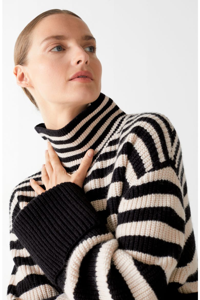 Stripe Turtleneck Wool & Cotton Sweater, Alternate, color, BLACK/ BEIGE STRIPE