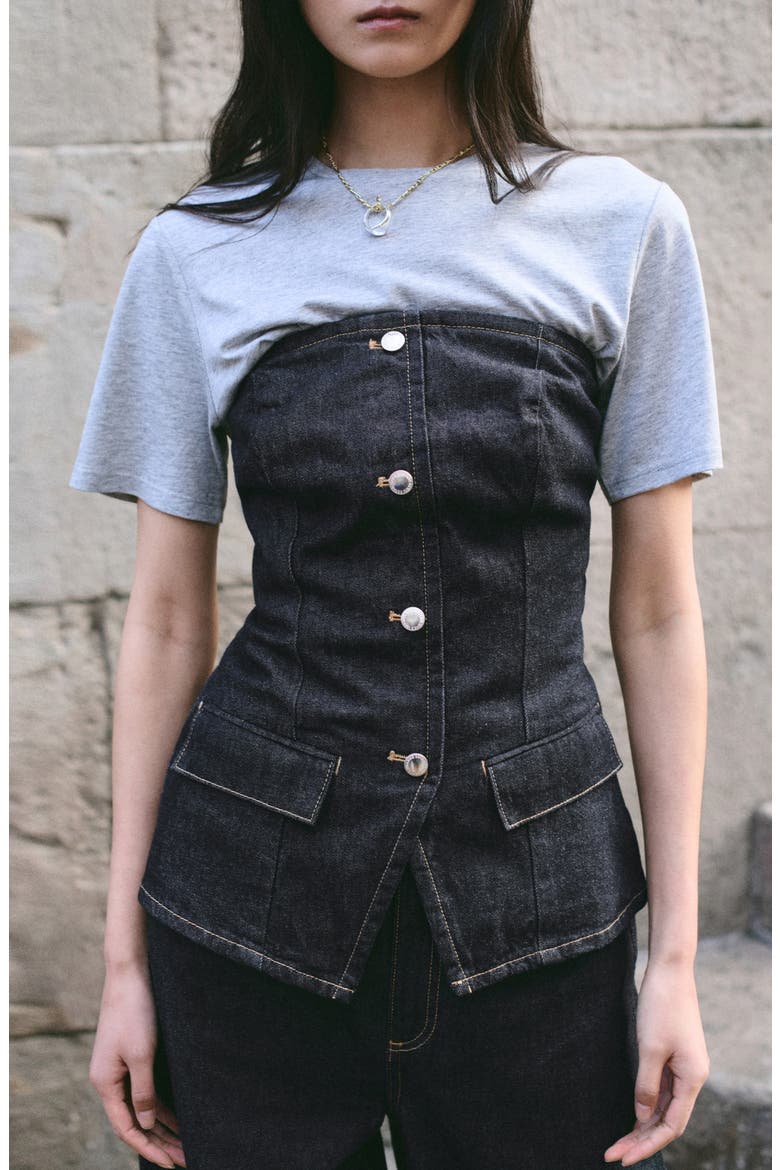 Clemence Denim Bustier Top, Alternate, color, OPEN BLUE