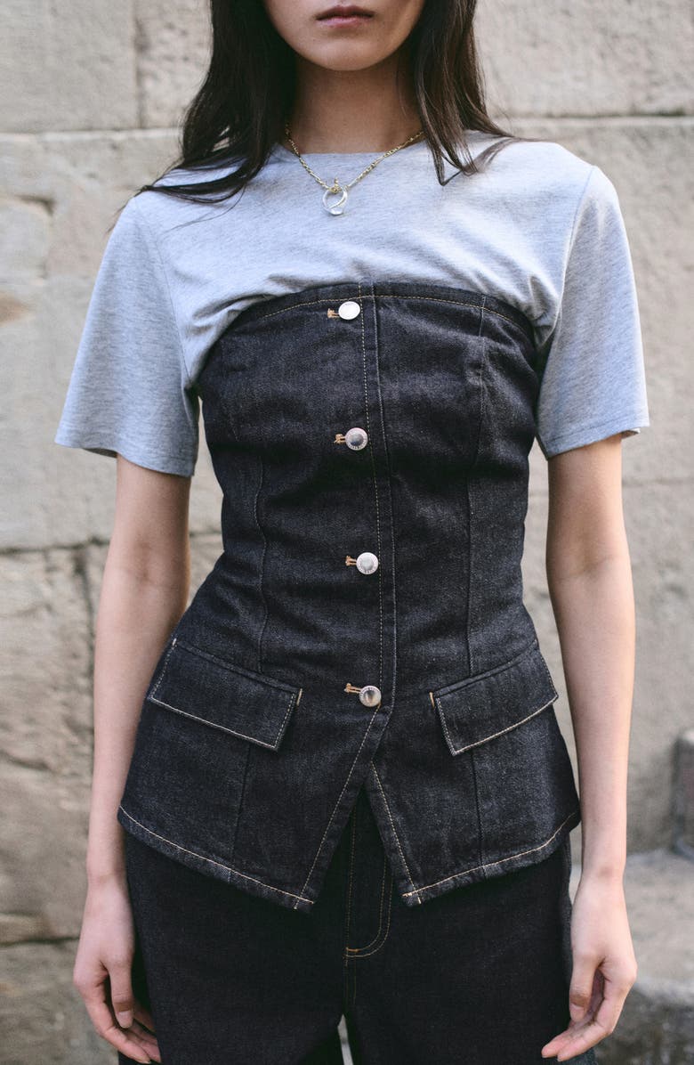 MANGO Clemence Denim Bustier Top, Alternate, color, Open Blue