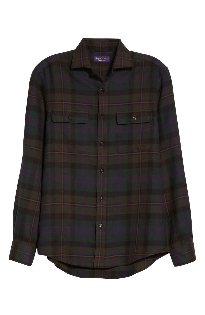 Ralph Lauren Purple Label Plaid Cotton Flannel Button-Up Shirt, Alternate, color, Loden Multi