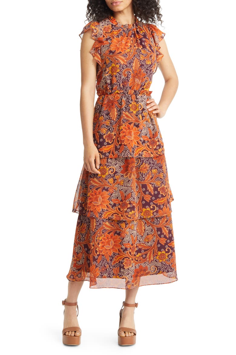 Floral Tiered Flutter Sleeve Midi Dress, Main, color, BROWN MULTI