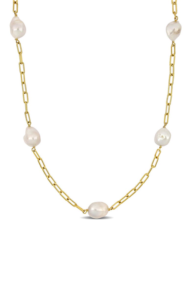 18K Yellow Gold Plated Sterling Silver 12-14mm Cultured Freshwater Pearl Necklace, Main, color, YELLOW
