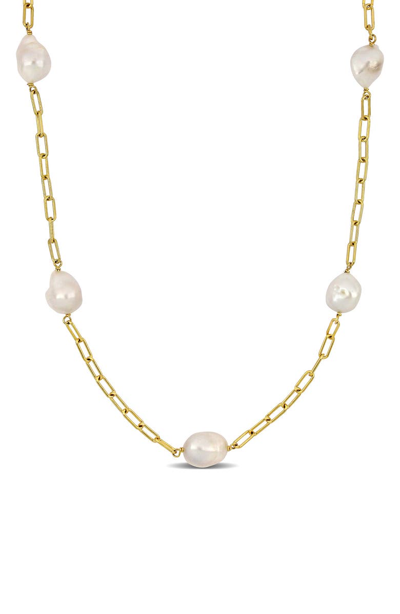 DELMAR 18K Yellow Gold Plated Sterling Silver 12-14mm Cultured Freshwater Pearl Necklace, Main, color, Yellow