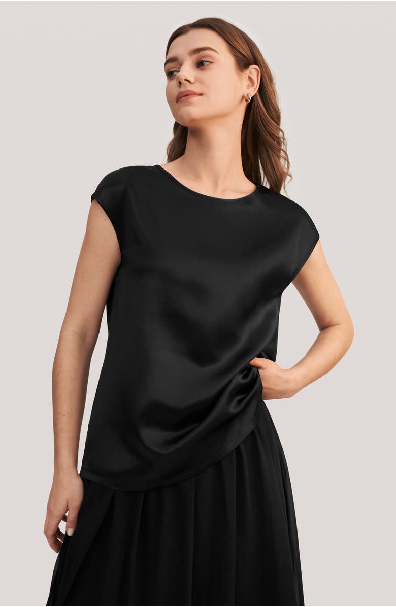 Lilysilk Basic Cap Sleeves Silk Tee, Alternate, color, Black