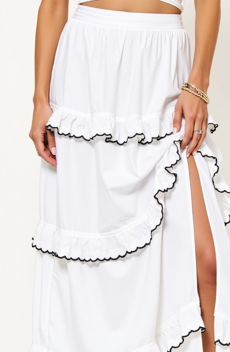 Modenaire Ruffle Trim Cropped Top and High-Slit Maxi Skirt Outfit Set, Alternate, color, White / Black Edging