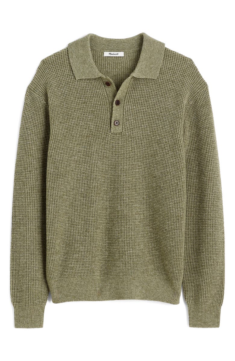 Madewell Wool Blend Waffle Knit Sweater Polo, Main, color, Heather Sage