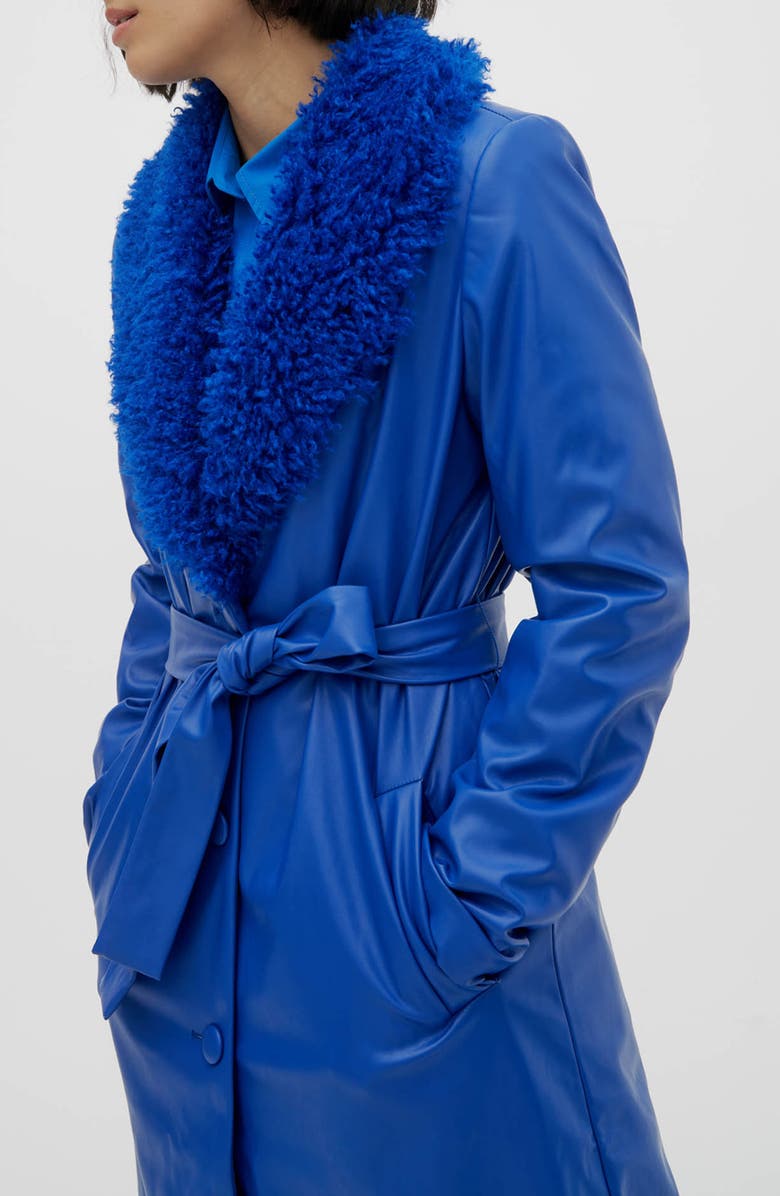 Noize Tezza Faux Leather Trench with Faux Shearling Collar, Alternate, color, Sapphire