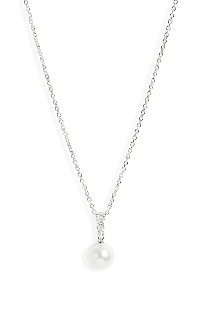 Mikimoto Morning Dew Akoya Pearl & Diamond Pendant Necklace, Main, color, White Gold/ Diamond/ Pearl