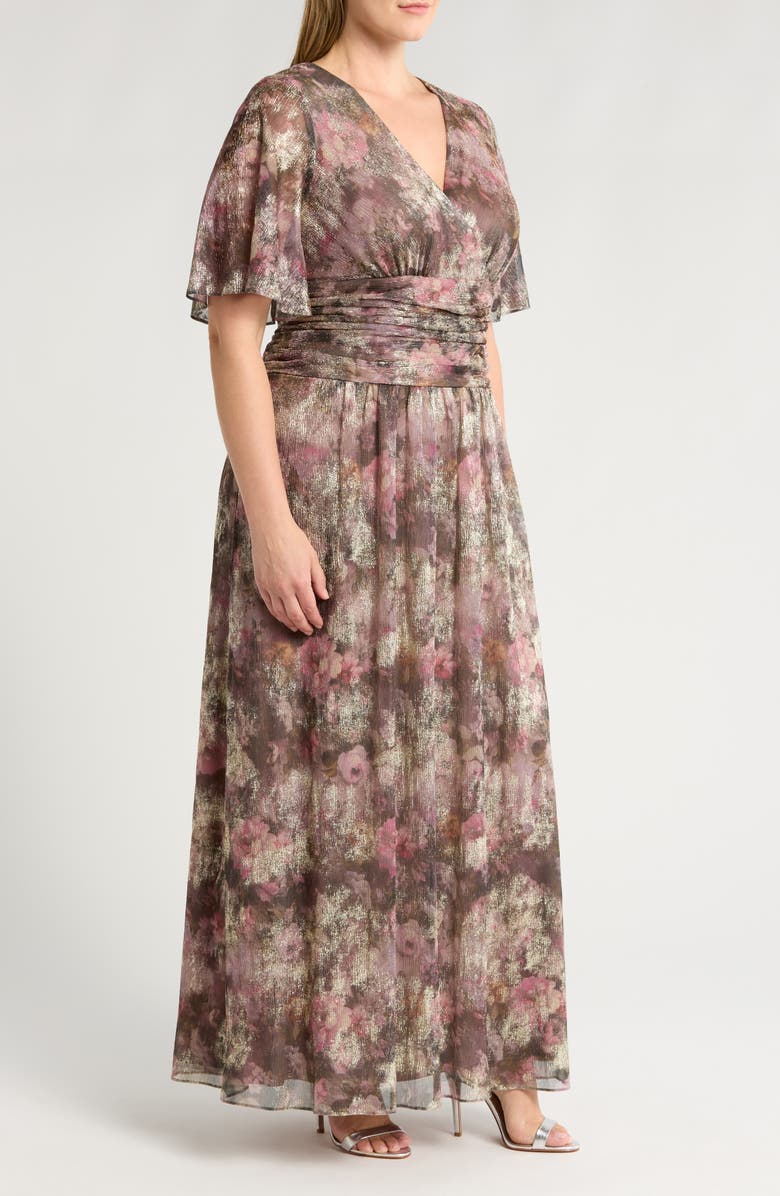 SL FASHIONS Floral Metallic Faux Wrap Maxi Dress, Alternate, color, Taupe Multi